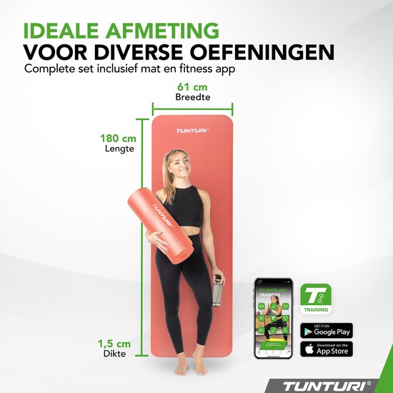 Vrouw met koraalrode Tunturi mat (180x60x1,5 cm) en foamroller. Trainingsapp gedownload op smartphone.