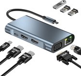 MMOBIEL USB-C naar Dual HDMI Hub - 8-in-1 USB-Hub & 100W PD Adapter - Docking Station voor USB 3.0, 2x USB 2.0, 2x HDMI, VGA, PD en ETH – Drievoudige weergave voor laptops, tablets etc. - Aluminium