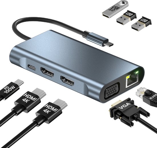 MMOBIEL USB-C naar Dual HDMI Hub - 8-in-1 USB-Hub & 100W PD Adapter - Docking Station voor USB 3.0, 2x USB 2.0, 2x HDMI, VGA, PD en ETH – Drievoudige weergave voor laptops, tablets etc. - Aluminium