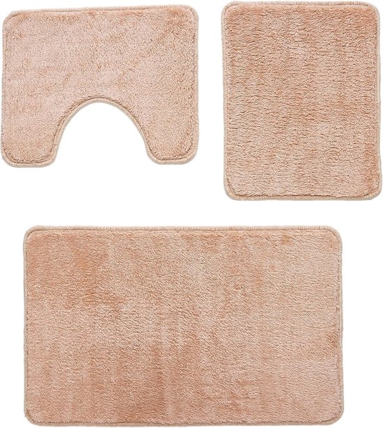Badmattenset 3-delig, badkamertapijt, antislip, wasbaar, vloerkleed voor badkamer 80 x 50 cm badmat + 50 x 40 wc-mat (beige, 80 x 50 cm)