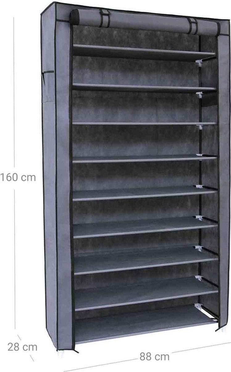 SONGMICS Schoenenrek van stof met 10 niveaus, opbergkast 28 x 58 x 160 cm, met beschermhoes, voor sportschoenen, hoge hakken, pantoffels, metalen frame, grijs RXJ10G