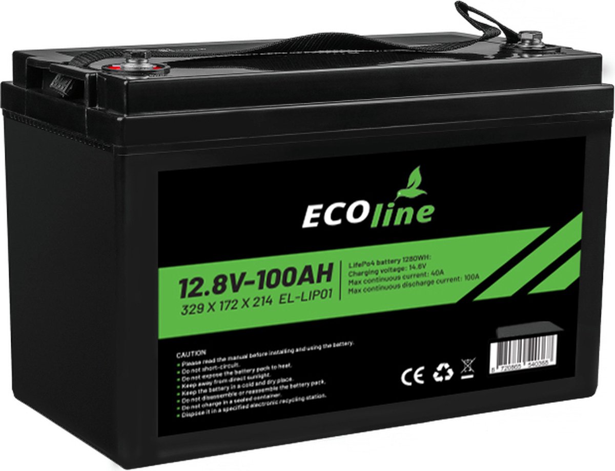 EcoLine - LifePo4 12V 100AH - 100000mAh lithium Batterij - 329 x 172 x 214 - Deep Cycle Accu.