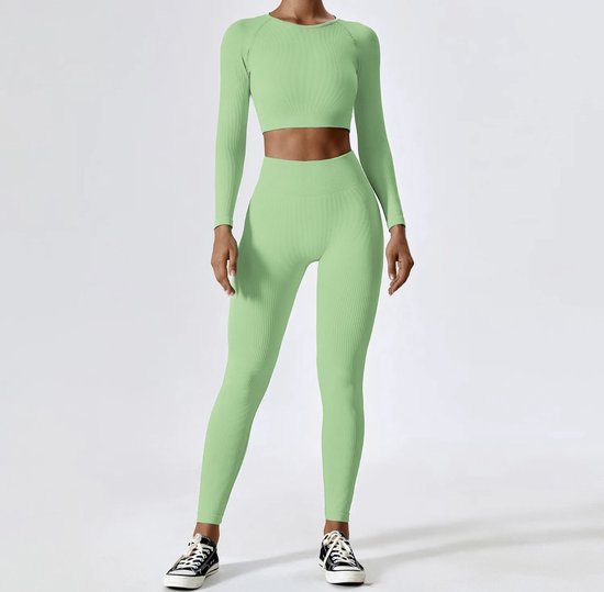 AUTUMN RIB GYM SET - Maat L - Mintgroen - Lichtgroen - Groen - 3delig - Ribbed - Gymkleding - Sportkledingset - Sportset - Sport top & legging - Yogaset - Yogalegging & top -