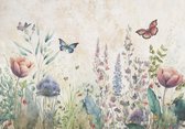 Fotobehang - Natuur - Bloemen - Bladeren - Vlinders - Kunst - Pastel - Vliesbehang - 208x146cm (lxb)