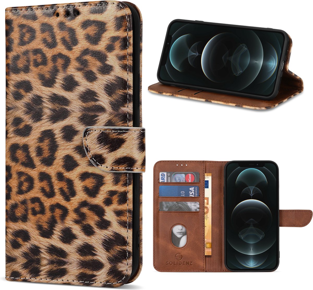 Geschikt Voor iPhone 14 Hoesje - Solidenz Bookcase - Telefoonhoesje - Case Met Pasjeshouder - Leopard - Panterprint - Cover Hoes - Luipaard