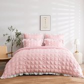 Roze beddengoed, 200 x 200 cm, 3-delig, meisjes, exquise, ruches, beddengoedsets, elegant, eenkleurig, microvezel, dekbedovertrek, romantisch roze, seersucker, dekbedovertrek met 2 kussenslopen 80 x 80 cm