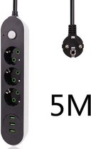 Verlengsnoer met Schakelaar-3 geaarde Stopcontacten-3 USB Oplaadpoorten-Reisadapter-Contactstekker-EU-5 Meter-antislip-Zwart