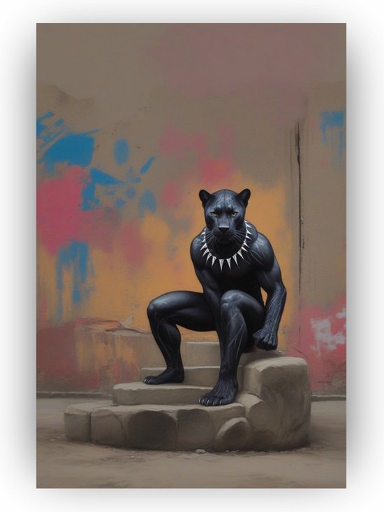 Banksy zwarte panter - 60 x 90 cm - Canvas schilderij - Schilderij panter - Black panther - Dieren - Kinderkamer accessoires - Banksy - Schilderijen slaapkamer