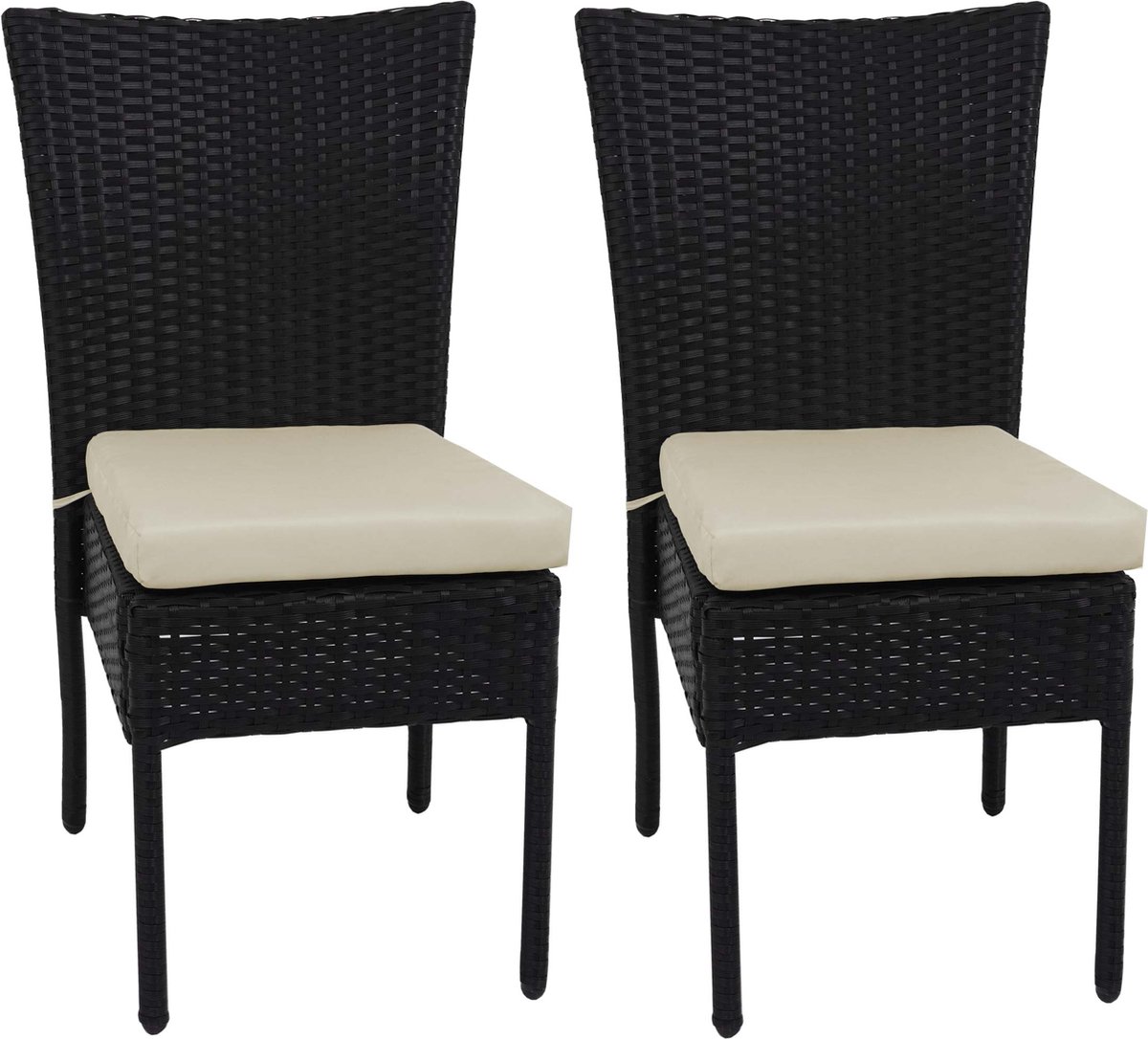 Set van 2 polyrotan stoelen MCW-G19, balkonstoel tuinstoel, stapelbaar ~ zwart, crèmekleurige kussens