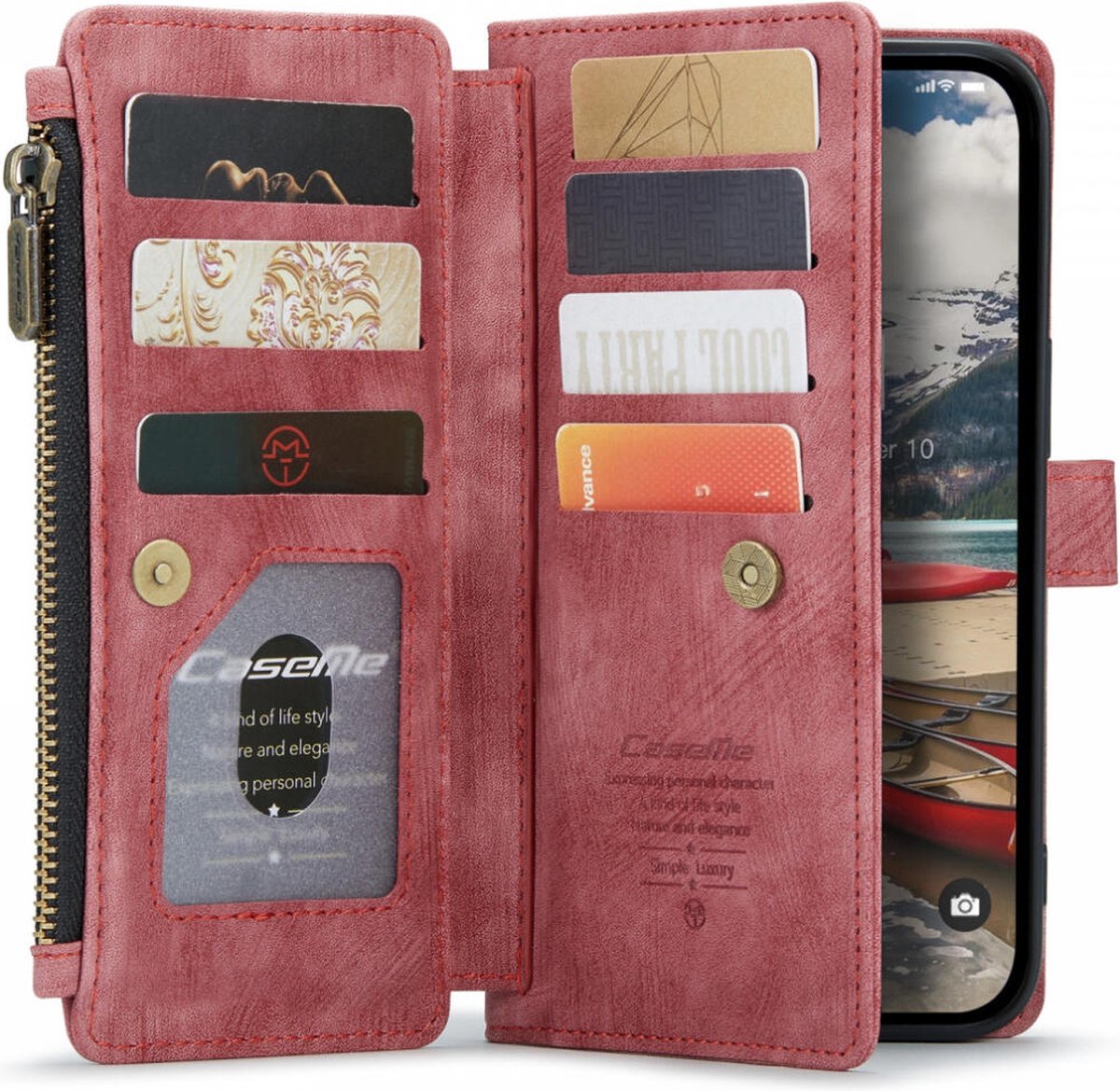 CaseMe C30 Hoesje Geschikt voor Apple iPhone 14 Pro | Wallet Zipper Book Case met Pasjeshouder | Beschermhoes met Portemonnee | Rood