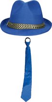 Carnaval verkleedset Classic - hoed en stropdas - blauw - heren/dames - verkleedkleding accessoires