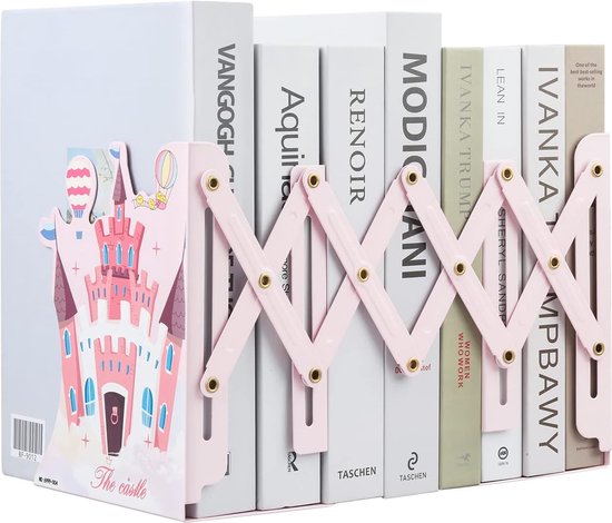 Bookends, Adjustable, Expandable, Metal, Children's Castle, Book Stand, Magazine Folder, Non-Slip Book Holder for Kitchen, Office, School, Library (Light Pink)