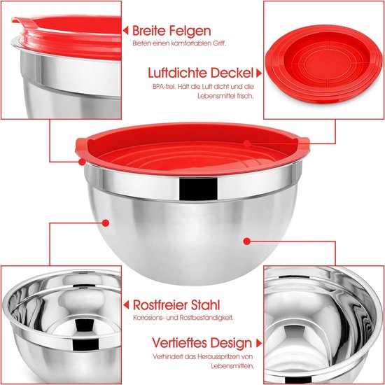 Homikit Mengkom, 3-Delige Roestvrijstalen Kom Salade Kom Set Met Luchtdicht Deksel & 3 Rasp Hulpstukken, Zwarte Kom Set Om Te Mixen En Te Kloppen, 1,6L / 2,8L / 4,6L, Stapelbaar