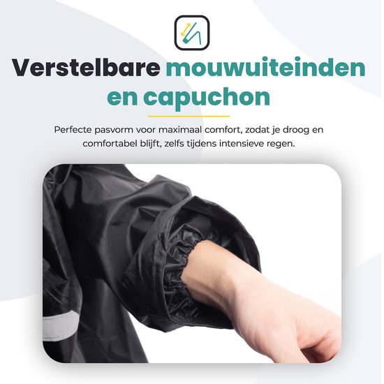 Close-up van de binnenkant van een mouw van een zwart regenpak, met elastische band. De tekst "Verstelbare mouwuiteinden en capuchon" staat ernaast.