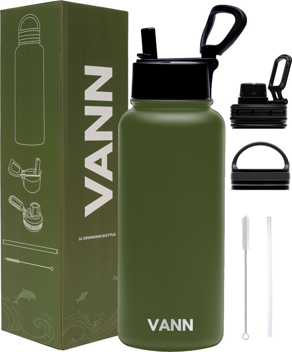 VANN® 3-Wandige Waterfles 1 liter met rietje voor volwassenen – Met 5 accessoires – Bidon RVS – 24 uur koud/12 uur warm – Groen