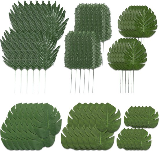 Set van 72 kunstbladeren in verschillende vormen: monstera, varen en palm.