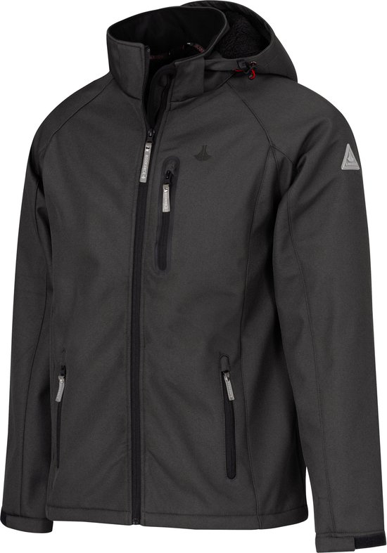 Donkergrijze softshell herenjas met capuchon, ritszakken en logo op de mouw, driekwart aanzicht.