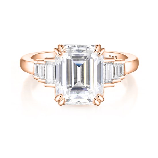 Rectanglo - 18k Roségouden Smaragd Geslepen Moissanite Ring met Baguette Accenten - 1.75