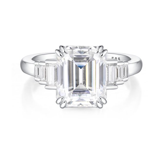 Rectanglo - Ring moissanite Platinum taille émeraude avec accents baguette - 4,9 carats