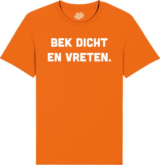 Bek Dicht en Vreten - Frituur Snack Cadeau - Grappige Eten En Snoep Spreuken Outfit - Dames / Heren / Unisex Kleding - Unisex T-Shirt - Oranje - Maat 4XL