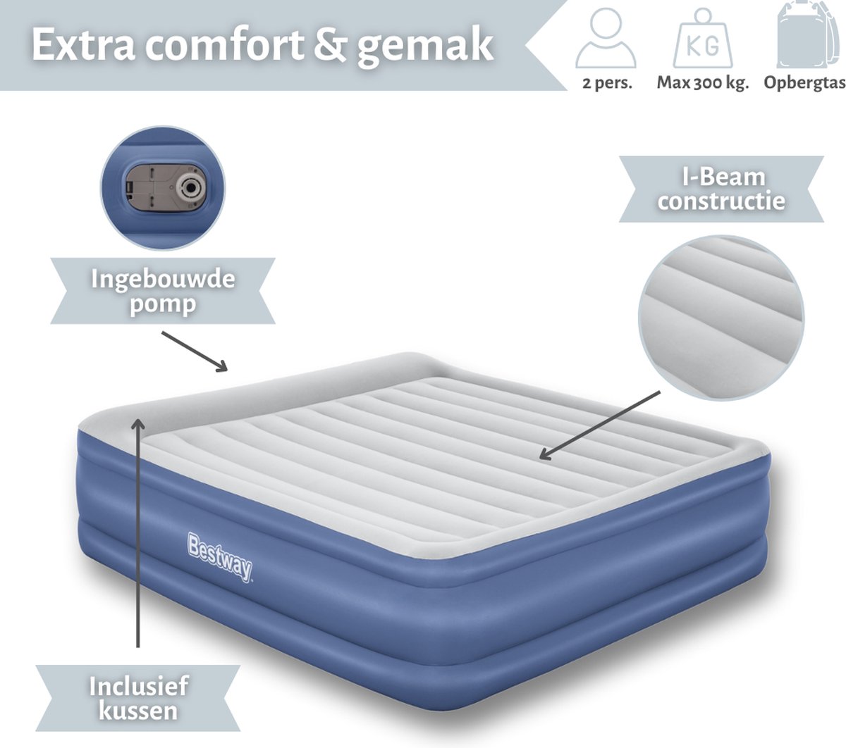 Luchtbed 2 Persoons - Ingebouwde Luchtpomp - Bestway Comfort Quest - 203x152 cm - 38 cm Dik - Snel Opgeblazen in 240 Seconden! Hoog Draagvermogen 300kg - Incl Draagtas - Blauw/Grijs