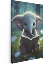 Artaza Canvas Schilderij Baby Olifant leest een Boek - 80x120 - Groot - Foto Op Canvas - Wanddecoratie Woonkamer