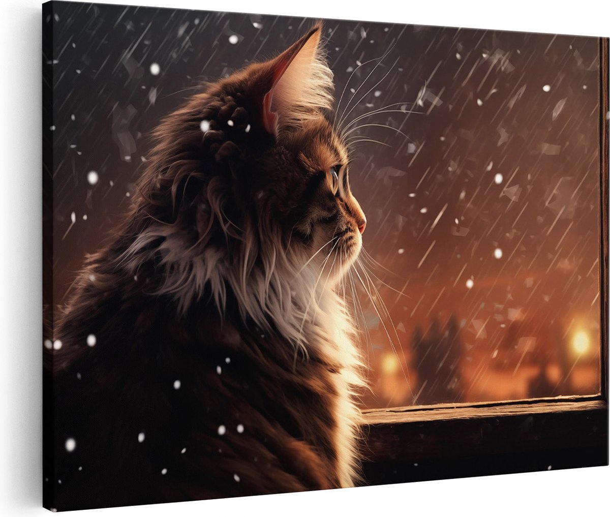 Artaza Canvas Schilderij Kat - 120x80 cm - Groot - Wanddecoratie Winter - Muurdecoratie Sn