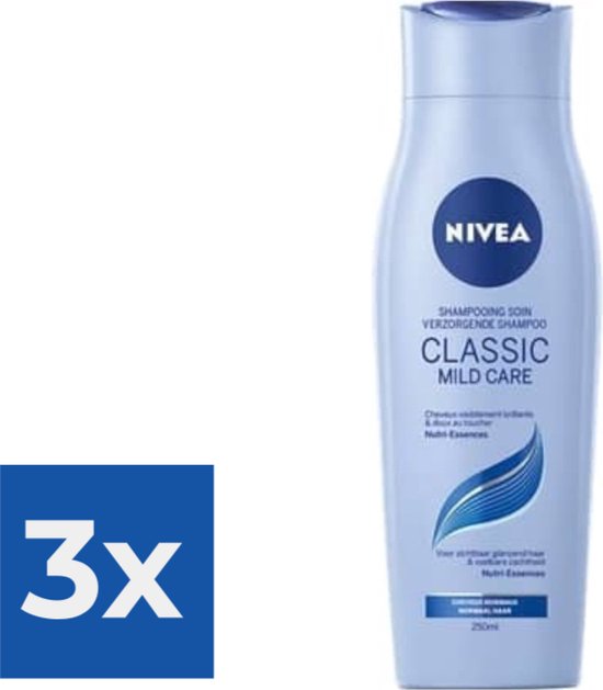 Lichtblauwe NIVEA Classic Mild Care shampoo fles met een '3x' symbool ernaast.