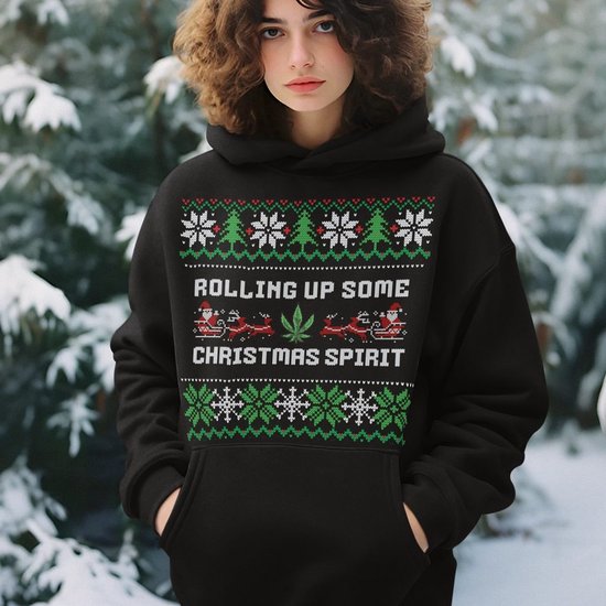 Lekker Waus Foute Kerst Hoodie Zwart - Rolling Up Some Christmas Spirit - Maat 4XL - Kerst Outfit Dames & Heren