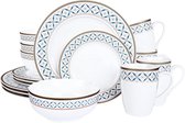 Compleet porseleinen tafelservies, 16-delig, voor 4 personen, modern geometrisch patroon, borden, schalen, kopjes, rand van zwart goud