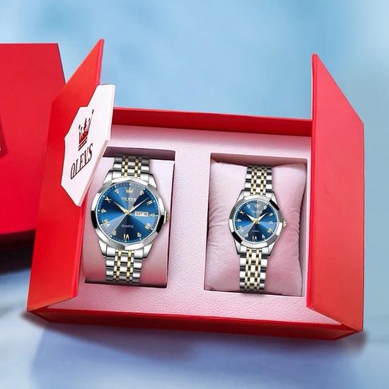 Olevs - Ensemble de montres pour hommes et femmes - Montre-bracelet - Hommes et femmes - Cadeau - Montre - Coffret cadeau - Hommes - Blauw et Argent - Outils de montre (GRATUIT) -