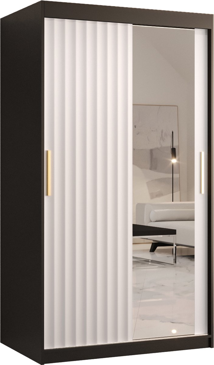 Zweefdeurkast met spiegel Kledingkast met 2 schuifdeuren Garderobekast slaapkamerkast Kledingstang met planken (LxHxP): 100x200x62 cm - Rikid W2 (Zwart + Wit, 100) met lades