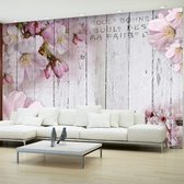 Fotobehangkoning - Behang - Vliesbehang - Fotobehang - Apple Blossoms - Appelbloesem - Bloemen op hout - Appelbloesems - 400 x 280 cm
