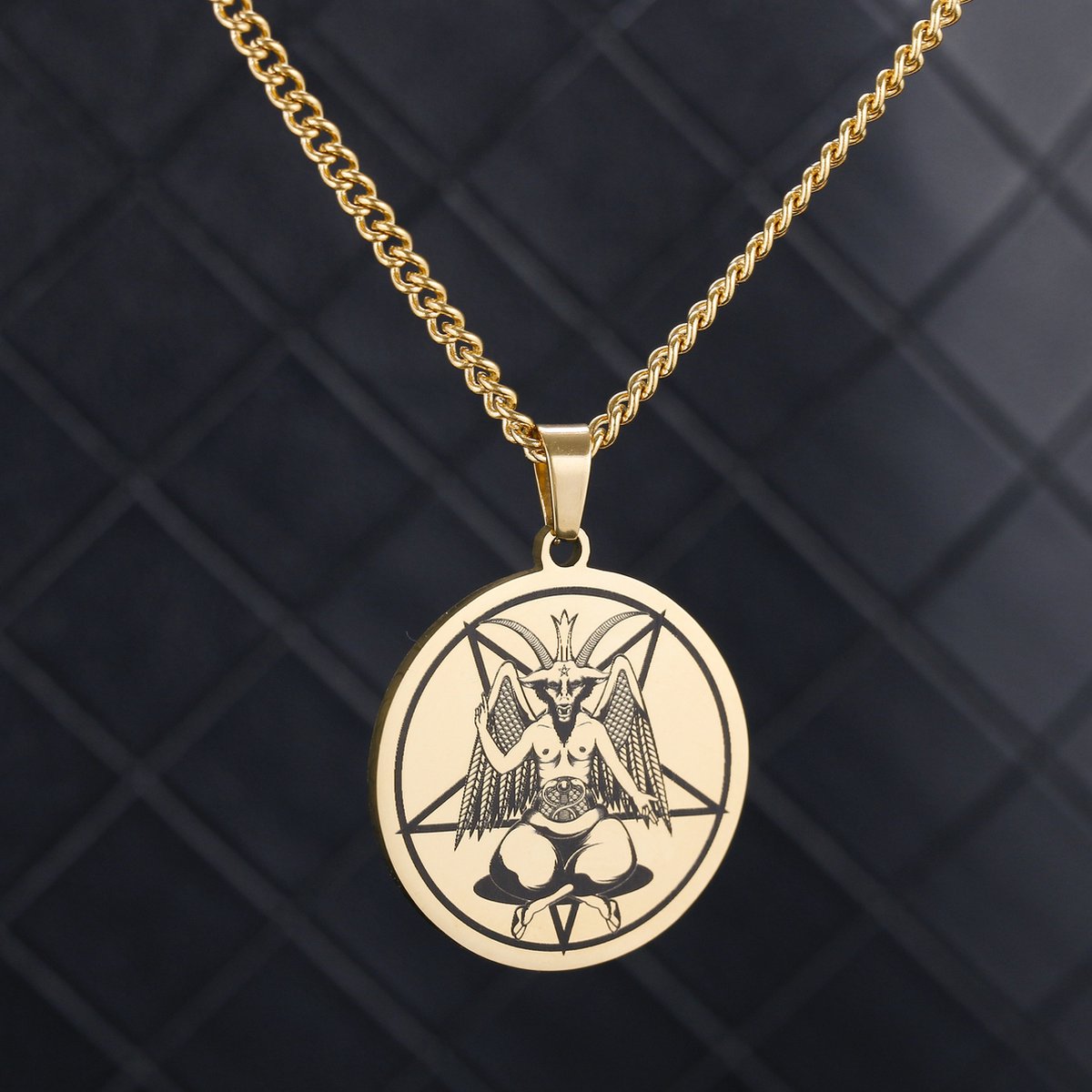 Duivel Talisman Goudkleurig - Demoon / Pentagram Ketting - 60cm Medalion