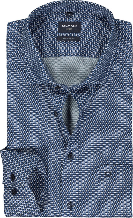 OLYMP modern fit overhemd - popeline - blauw met wit dessin - Strijkvrij - Boordmaat: