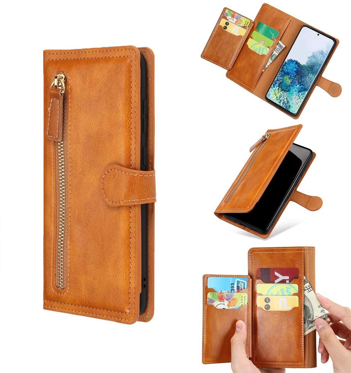 LuxeBass Hoesje geschikt voor Samsung Galaxy A53 5G - Boekhoesje - LichtBruin - Vintage portemonne hoes met ritssluiting gsm hoesje - telefoonhoes - telefoonhoesjes