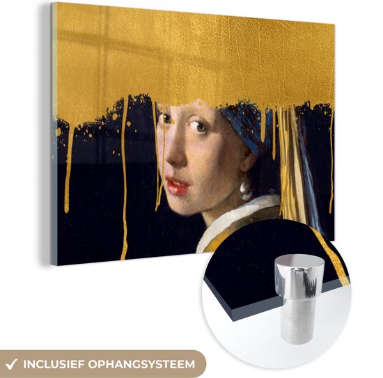MuchoWow® Glasschilderij 60x40 cm - Schilderij acrylglas - Meisje met de parel - Goud - Vermeer - Foto op glas - Schilderijen
