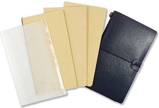 Donkerblauw notitieboek met elastische sluiting, vier crèmekleurige vellen en een transparant hoesje.