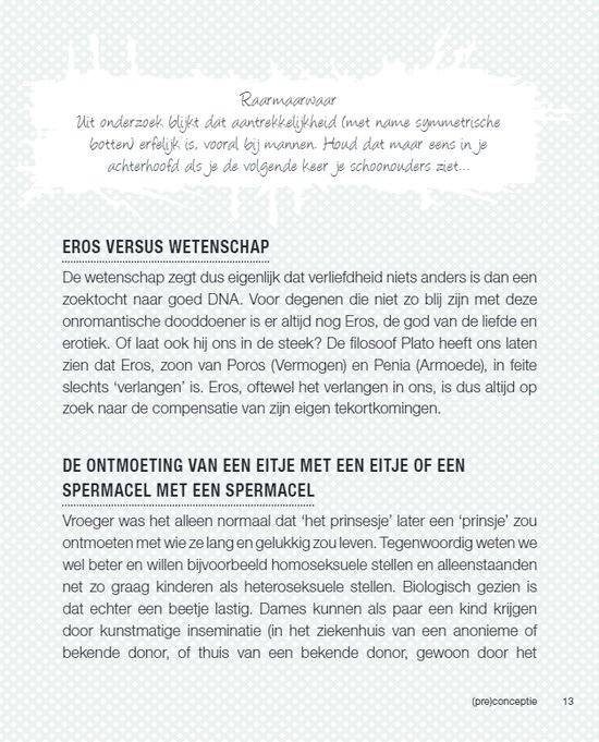 Pagina uit een boek met tekst over eros versus wetenschap en de ontmoeting van een eitje met een spermacel.