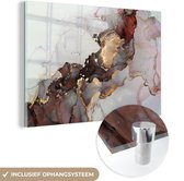 MuchoWow® Glasschilderij 150x100 cm - Schilderij acrylglas - Rood - Marmer - Goud - Foto op glas - Schilderijen