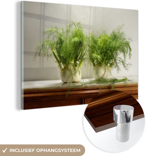 MuchoWow® Glasschilderij - Rustieke houten kast met de venkel planten - 90x60 cm - Acrylglas Schilderijen - Foto op Glas