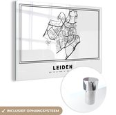 MuchoWow® Glasschilderij 180x120 cm - Schilderij acrylglas - Stadskaart – Zwart Wit - Kaart – Leiden – Nederland – Plattegrond - Foto op glas - Schilderijen