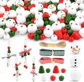 Kerst kralen - 190x stuks - houten kerstkralen voor sneeuwpop voor Kerstmis winter houten kralen sneeuwpop kralen kit met henneptouw voor kerstboomdecoraties doe-het-zelf houten kralen voor ambachten