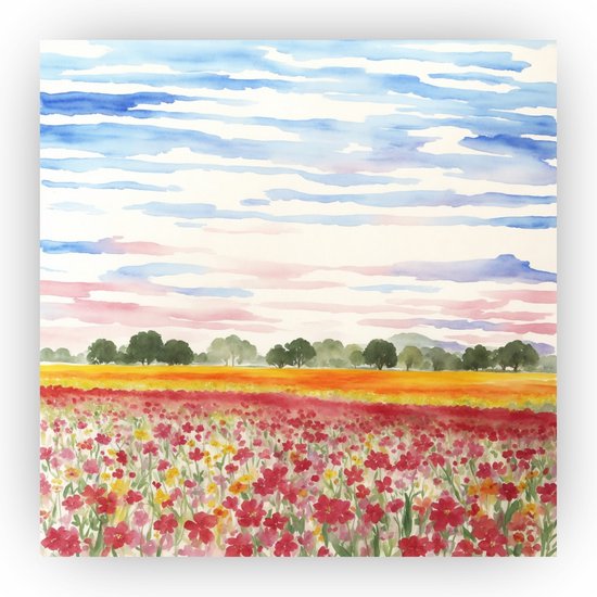 Bloemenveld schilderij - Schilderij bloemenveld - Bloemen - Natuur - Huis decoratie - Slaapkamer poster - 60 x 60 cm 3mm