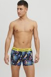 Man met donkerblauwe boxershorts met tropische print van papegaaien en bladeren. Gele JACK & JONES tailleband.