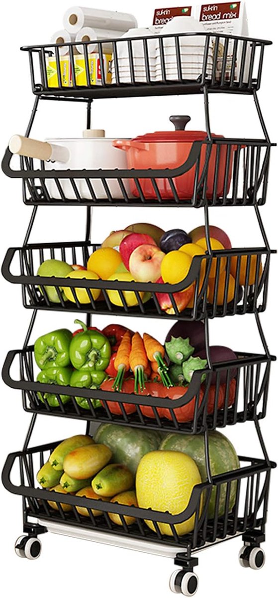 Groenterek voor keuken 5-traps stapelbare fruitmand groenteopslag met afsluitbare wielen en 5 S-haken voor keuken eetkamer badkamer garage
