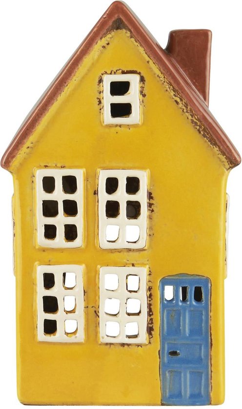 Ib Laursen - Keramieken Huisje - Geel blauwe deur - Waxinelichthouder