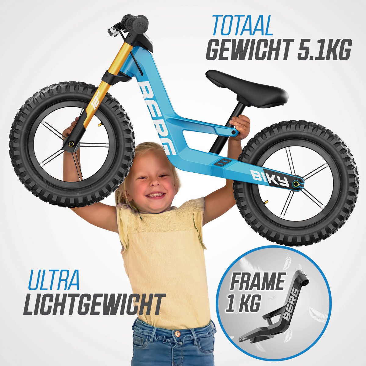 BERG Biky Cross Blue Loopfiets - 12 inch - Met handrem - Lichtgewicht frame van magnesium - Verstelbaar zadel - 2,5+ Jaar - Blauw — afbeelding 7