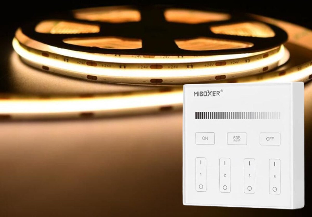 LED Strip COB - 10 Meter - Complete Set - 2700k - Warm Wit - 24V - 480LED/m - Met Draadloze Mi-Light(MiBoxer) Touch Wandbediening(Wit)