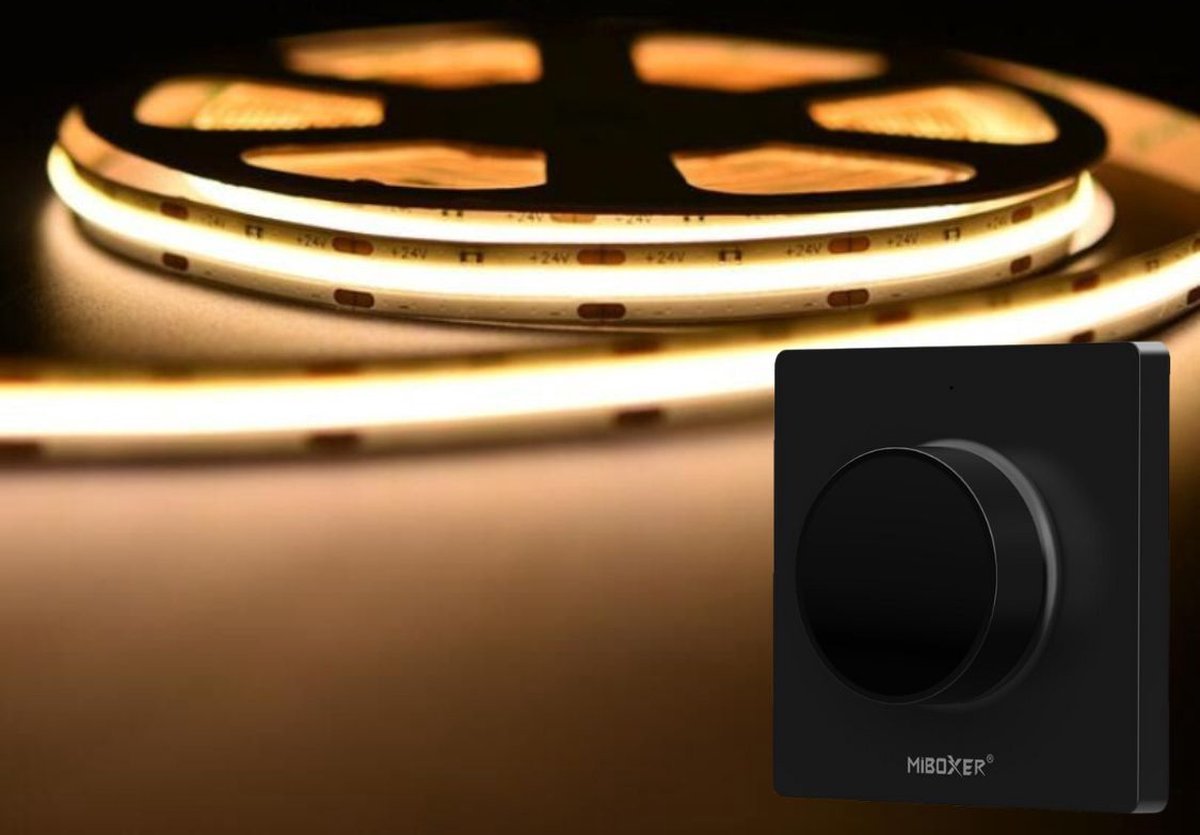LED Strip COB - 10 Meter - Complete Set - 2700k - Warm Wit - 24V - 480LED/m - Met Draadloze Mi-Light(MiBoxer) wanddimmer(Zwart)
